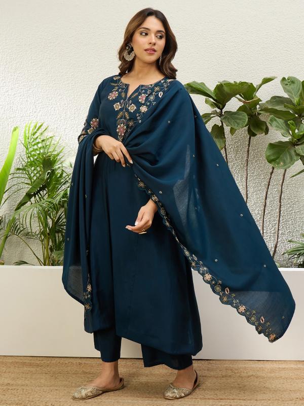 VP 9713 N Women's Nevy Blue Embroidered Yoke Design Kurta Pant Set